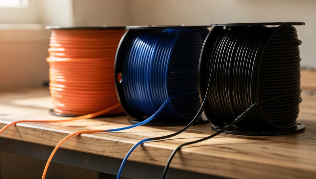 Three 3D-printer filament spools on a workshop bench: matte filament-orange PLA, glossy deep blue PETG, and flexible matte black TPU, with filament threading off each spool.