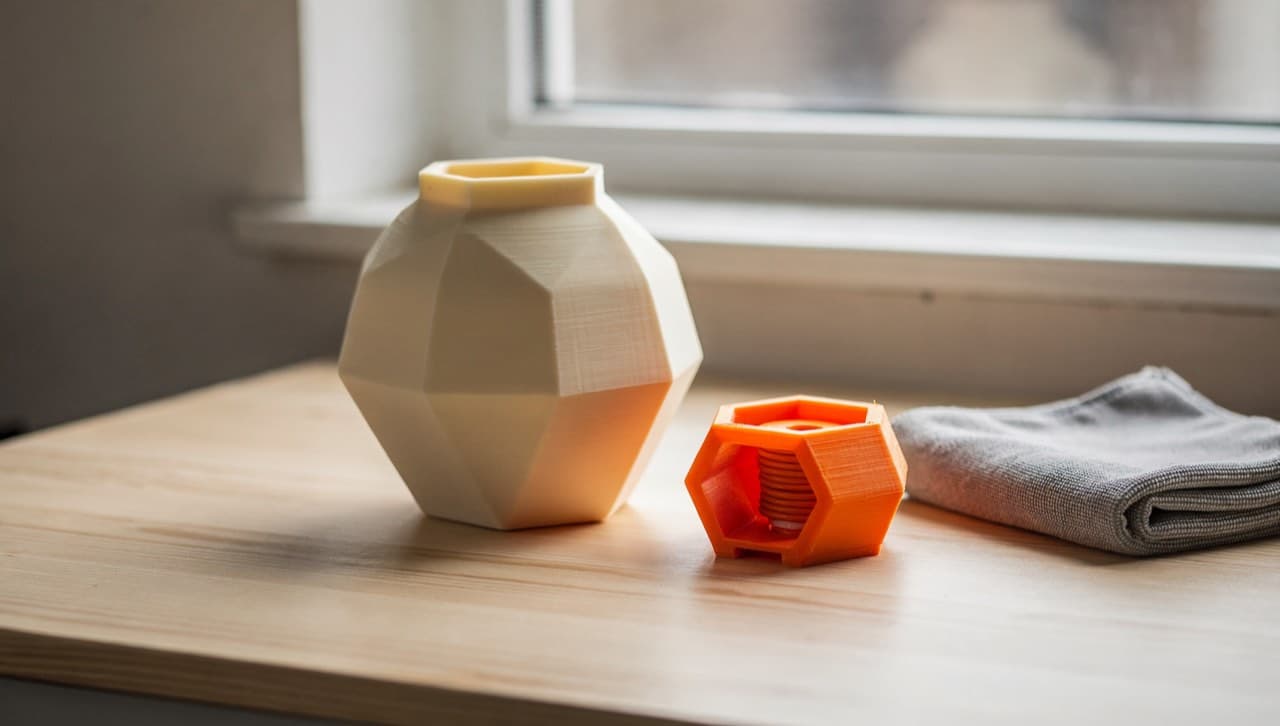 A matte cream PLA geometric vase and an orange hex cable organiser sitting on a light wooden desk in soft indoor daylight, away from a sunlit window, with a microfibre cloth folded beside them.