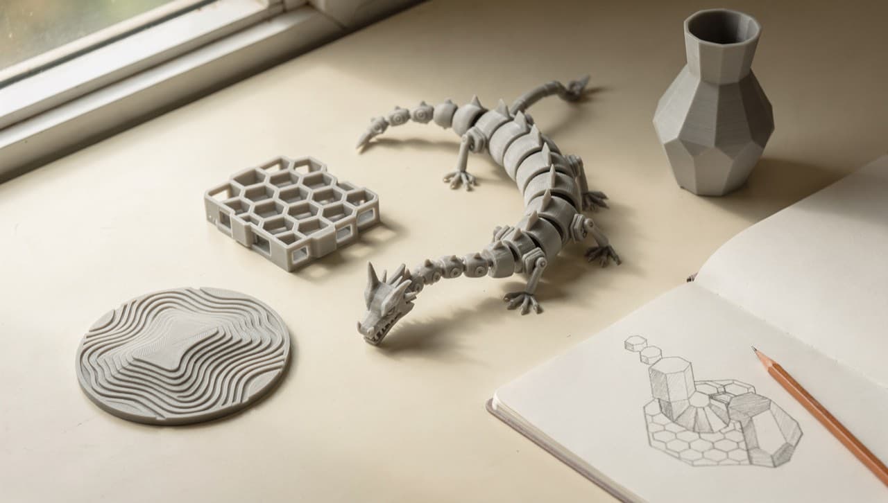 Workshop bench overhead view with several finished 3D-printed catalog items — a terrain coaster, hex cable organiser, articulated dragon, geometric vase — alongside a blank notebook with a pencil sketch of a custom shape.