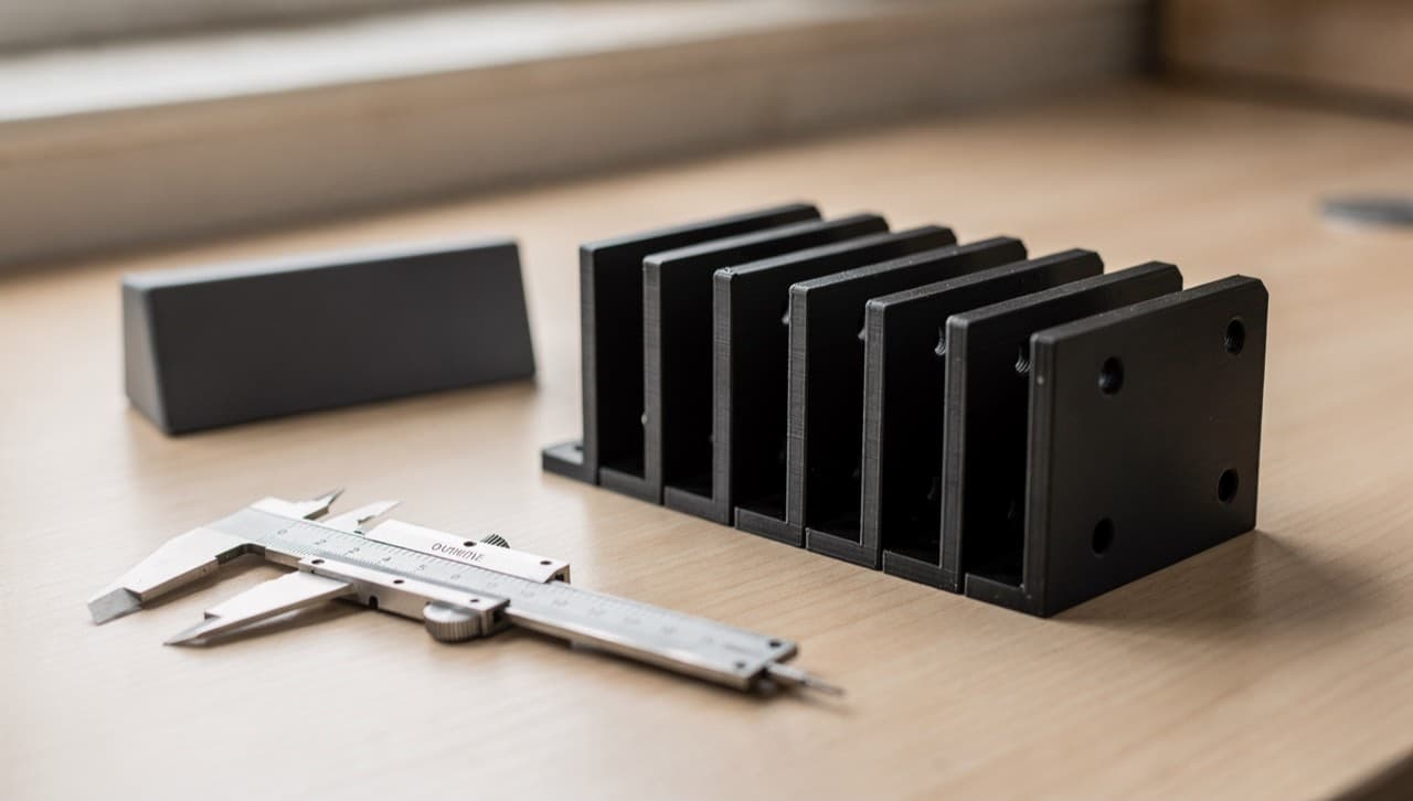 A small batch of identical matte black 3D-printed brackets and a branded desk nameplate arranged in a row on a workshop bench under soft daylight, with a measuring caliper resting alongside.