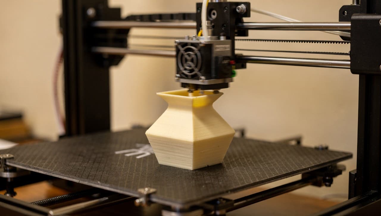 A small consumer 3D printer mid-print, building a partial geometric vase in matte cream filament layer by layer with the print head visible in motion.