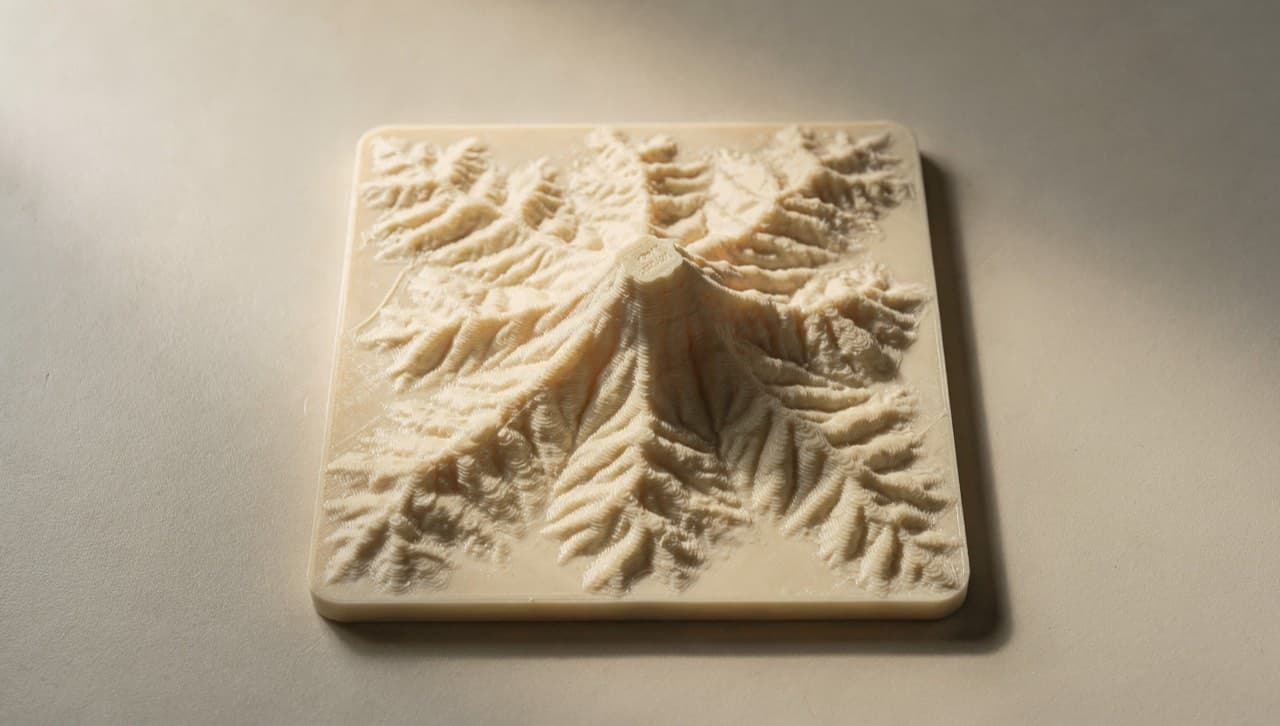 Top-down photograph of a 3D-printed topographic relief coaster representing Mt Kinabalu — matte cream PLA, 100 mm square, with raised contour lines and a centered peak.