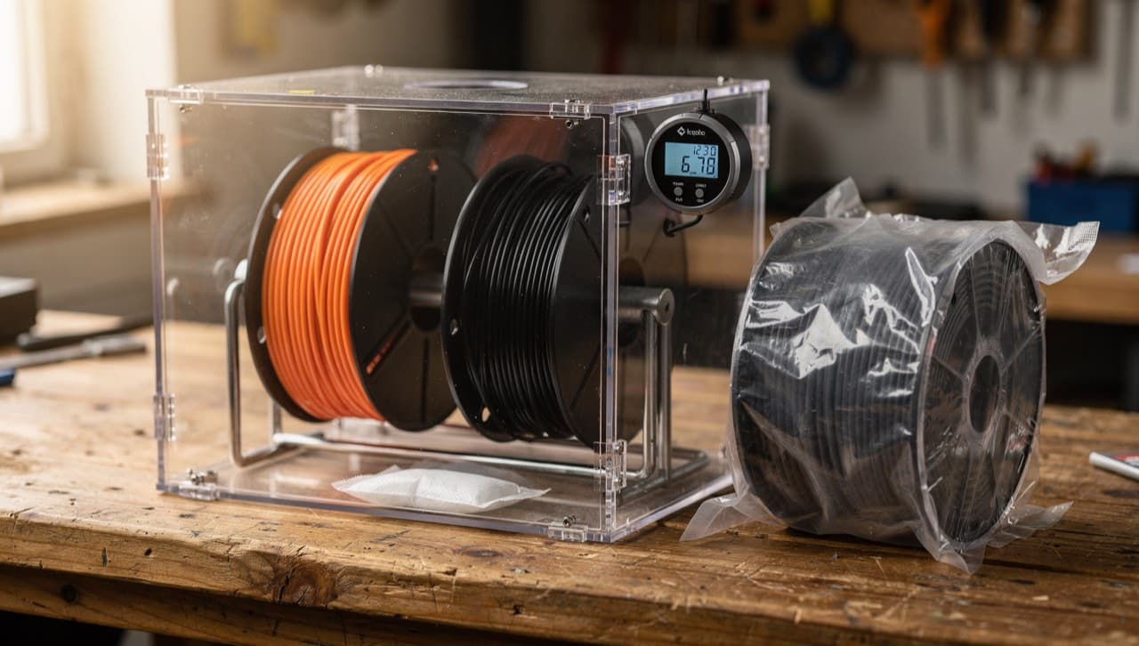 A 3D-printer filament storage rig on a warm wood workshop bench: a transparent dry-box with two filament spools inside, a visible silica gel desiccant packet, and a small hygrometer reading low humidity.